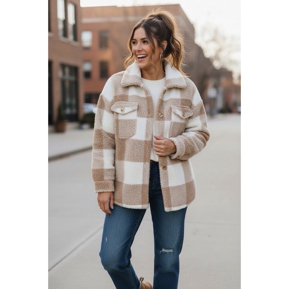 Bernardo‎ Beige Check Sherpa Faux Fur Button Down Jacket Shacket Coat Size XL